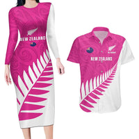 New Zealand Silver Fern Rugby Custom Couples Matching Long Sleeve Bodycon Dress and Hawaiian Shirt Go All Black Maori Pink Version LT14 Pink - Polynesian Pride