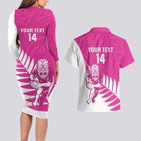 New Zealand Silver Fern Rugby Custom Couples Matching Long Sleeve Bodycon Dress and Hawaiian Shirt Go All Black Maori Pink Version LT14 - Polynesian Pride