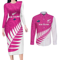 New Zealand Silver Fern Rugby Custom Couples Matching Long Sleeve Bodycon Dress and Long Sleeve Button Shirt Go All Black Maori Pink Version LT14 Pink - Polynesian Pride