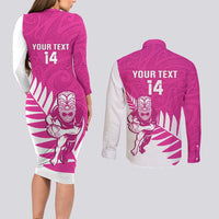 New Zealand Silver Fern Rugby Custom Couples Matching Long Sleeve Bodycon Dress and Long Sleeve Button Shirt Go All Black Maori Pink Version LT14 - Polynesian Pride