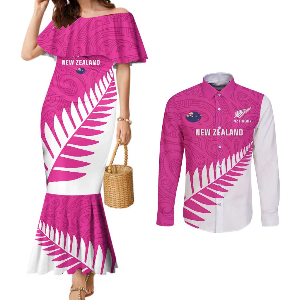 New Zealand Silver Fern Rugby Custom Couples Matching Mermaid Dress and Long Sleeve Button Shirt Go All Black Maori Pink Version LT14 Pink - Polynesian Pride
