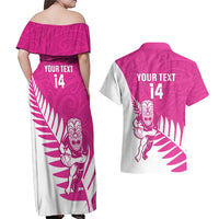 New Zealand Silver Fern Rugby Custom Couples Matching Off Shoulder Maxi Dress and Hawaiian Shirt Go All Black Maori Pink Version