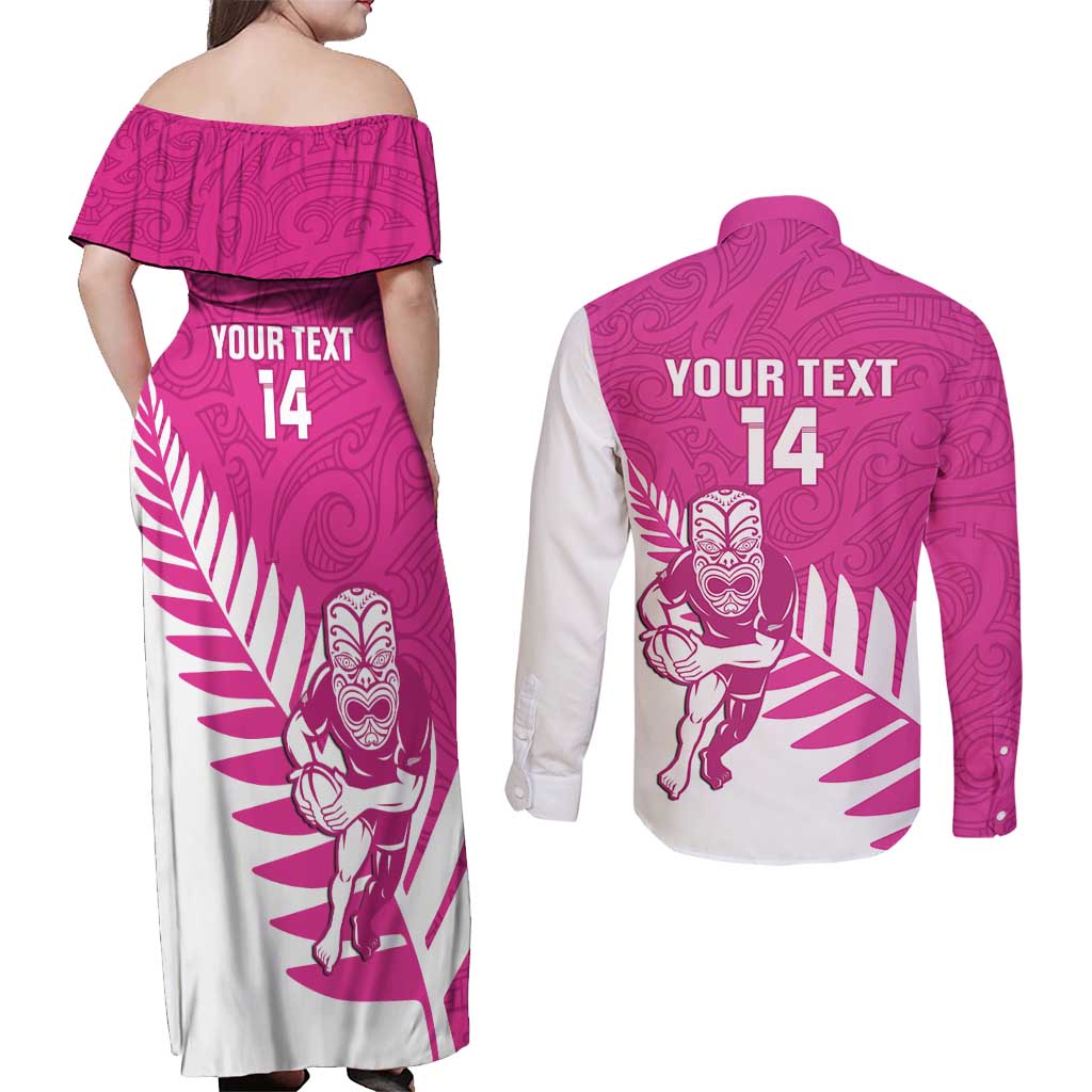 New Zealand Silver Fern Rugby Custom Couples Matching Off Shoulder Maxi Dress and Long Sleeve Button Shirt Go All Black Maori Pink Version
