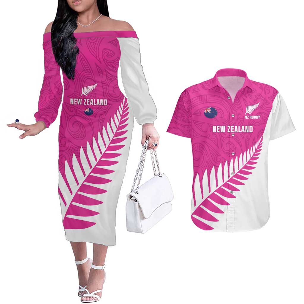 New Zealand Silver Fern Rugby Custom Couples Matching Off The Shoulder Long Sleeve Dress and Hawaiian Shirt Go All Black Maori Pink Version