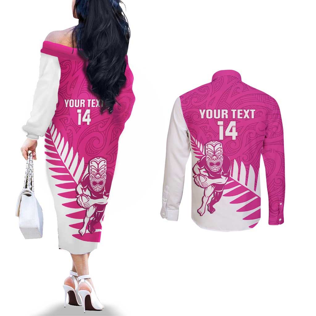 New Zealand Silver Fern Rugby Custom Couples Matching Off The Shoulder Long Sleeve Dress and Long Sleeve Button Shirt Go All Black Maori Pink Version LT14 - Polynesian Pride
