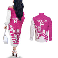 New Zealand Silver Fern Rugby Custom Couples Matching Off The Shoulder Long Sleeve Dress and Long Sleeve Button Shirt Go All Black Maori Pink Version LT14 - Polynesian Pride