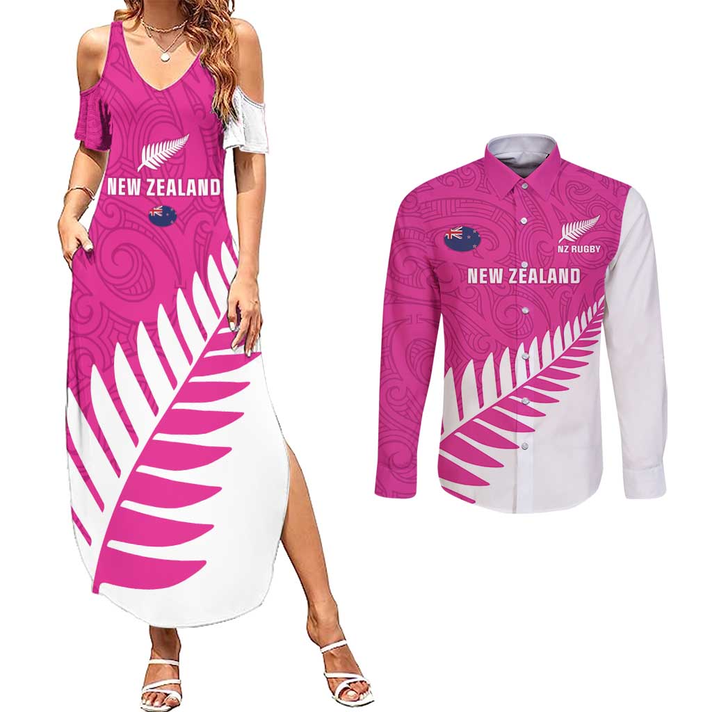 New Zealand Silver Fern Rugby Custom Couples Matching Summer Maxi Dress and Long Sleeve Button Shirt Go All Black Maori Pink Version LT14 Pink - Polynesian Pride