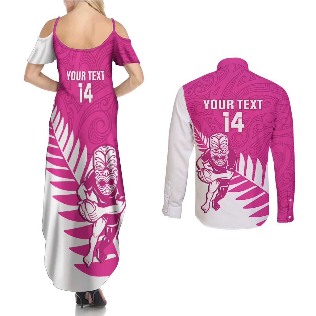 New Zealand Silver Fern Rugby Custom Couples Matching Summer Maxi Dress and Long Sleeve Button Shirt Go All Black Maori Pink Version LT14 - Polynesian Pride