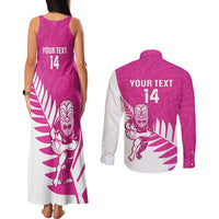New Zealand Silver Fern Rugby Custom Couples Matching Tank Maxi Dress and Long Sleeve Button Shirt Go All Black Maori Pink Version LT14 - Polynesian Pride