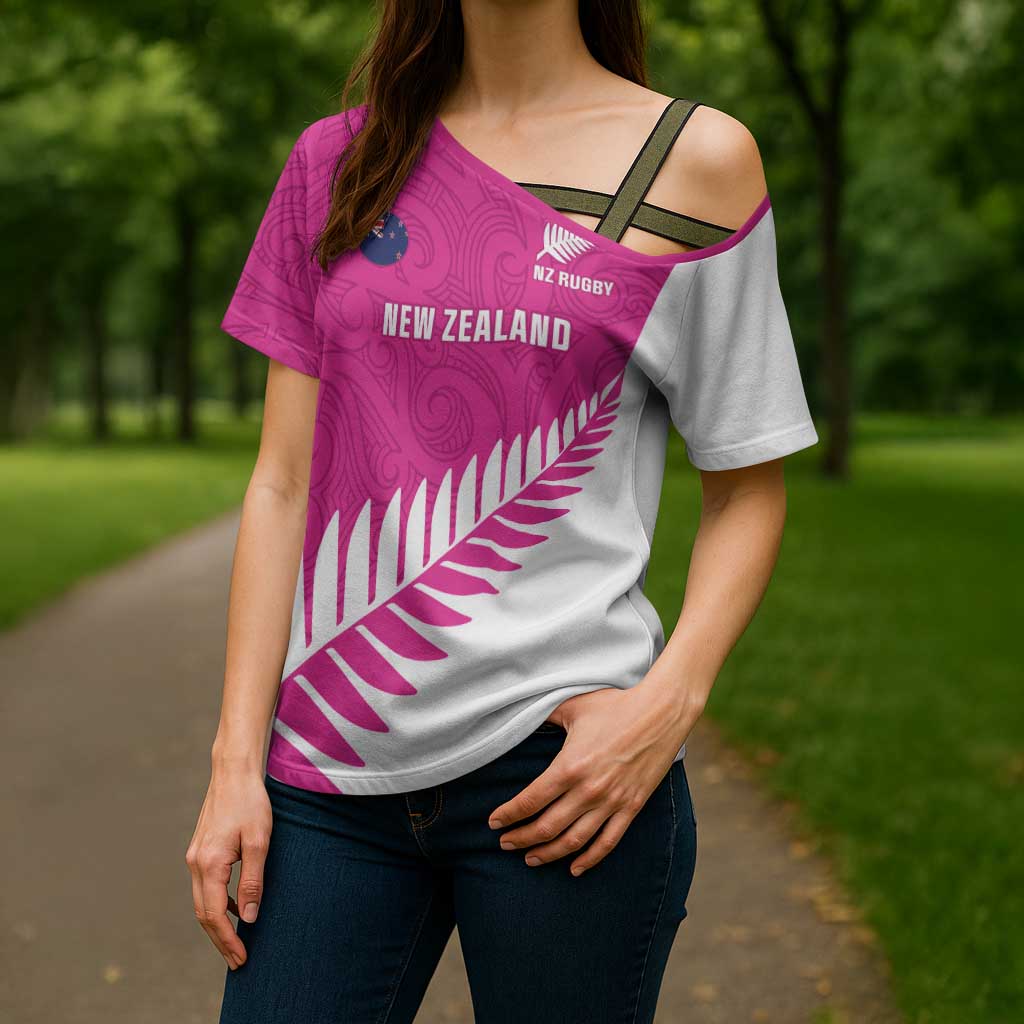 New Zealand Silver Fern Rugby Custom Cross Shoulder Shirt Go All Black Maori Pink Version - Polynesian Pride