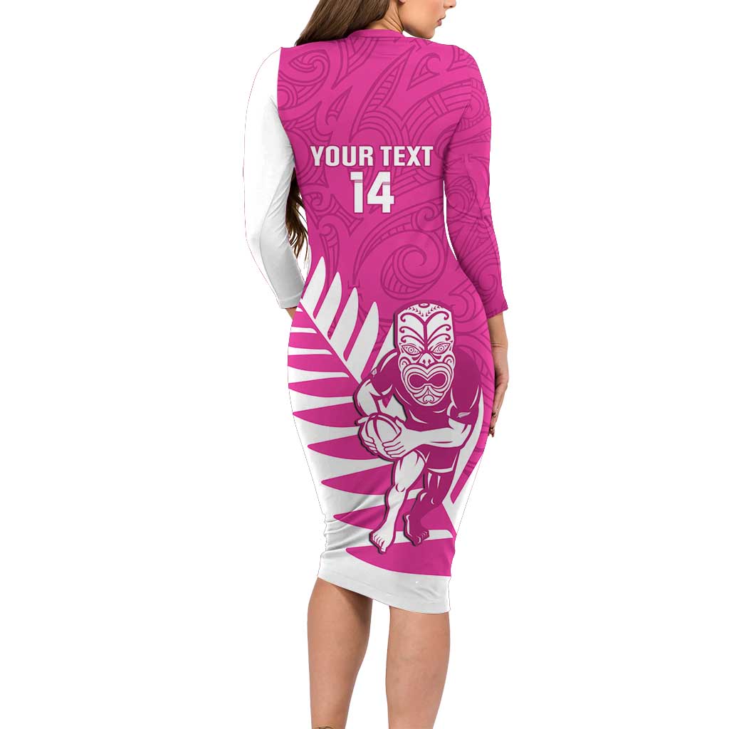 New Zealand Silver Fern Rugby Custom Family Matching Long Sleeve Bodycon Dress and Hawaiian Shirt Go All Black Maori Pink Version