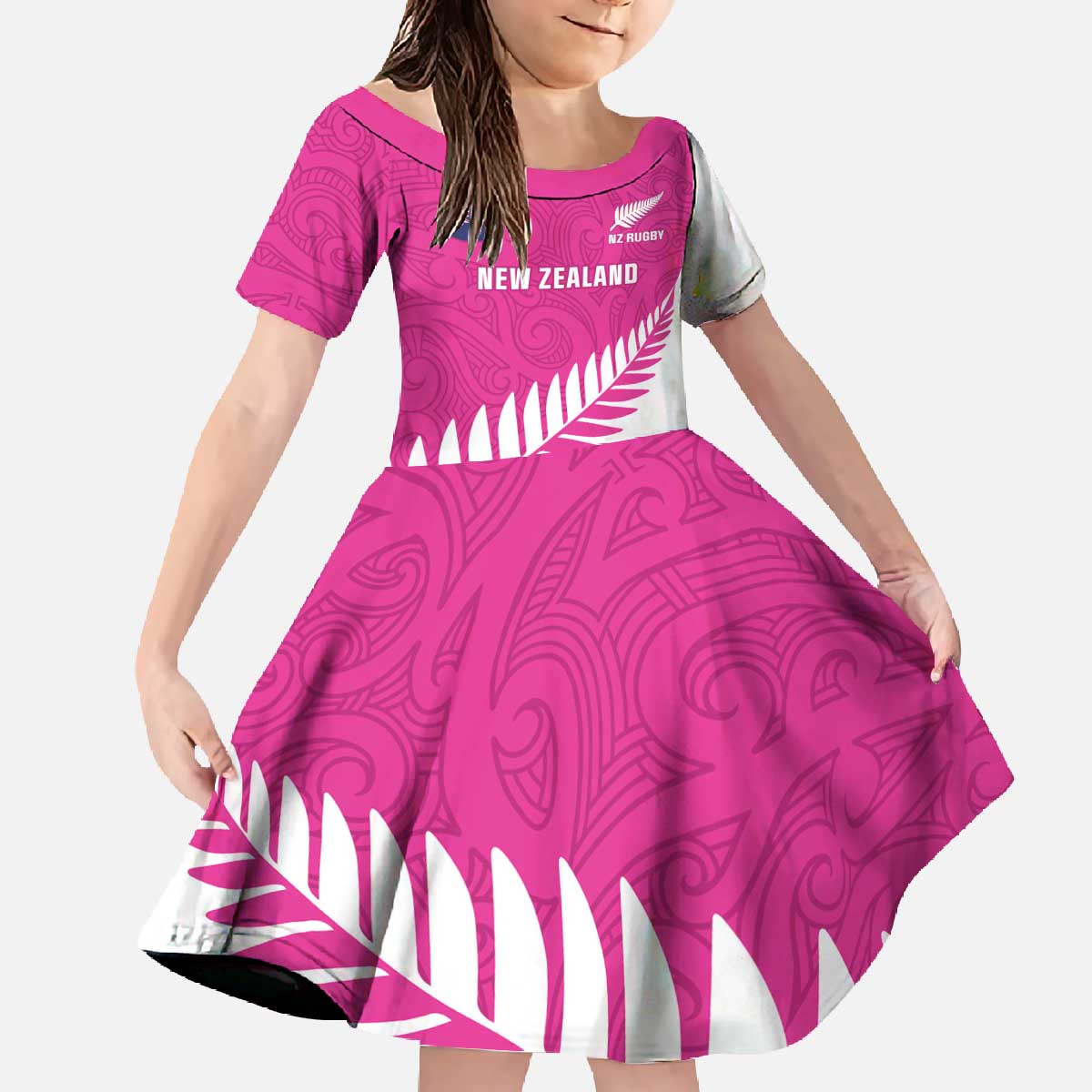 New Zealand Silver Fern Rugby Custom Family Matching Off The Shoulder Long Sleeve Dress and Hawaiian Shirt Go All Black Maori Pink Version LT14 Daughter's Dress Pink - Polynesian Pride