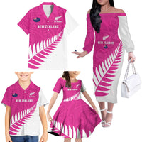 New Zealand Silver Fern Rugby Custom Family Matching Off The Shoulder Long Sleeve Dress and Hawaiian Shirt Go All Black Maori Pink Version LT14 - Polynesian Pride