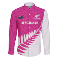 New Zealand Silver Fern Rugby Custom Family Matching Off The Shoulder Long Sleeve Dress and Hawaiian Shirt Go All Black Maori Pink Version LT14 Dad's Shirt - Long Sleeve Pink - Polynesian Pride