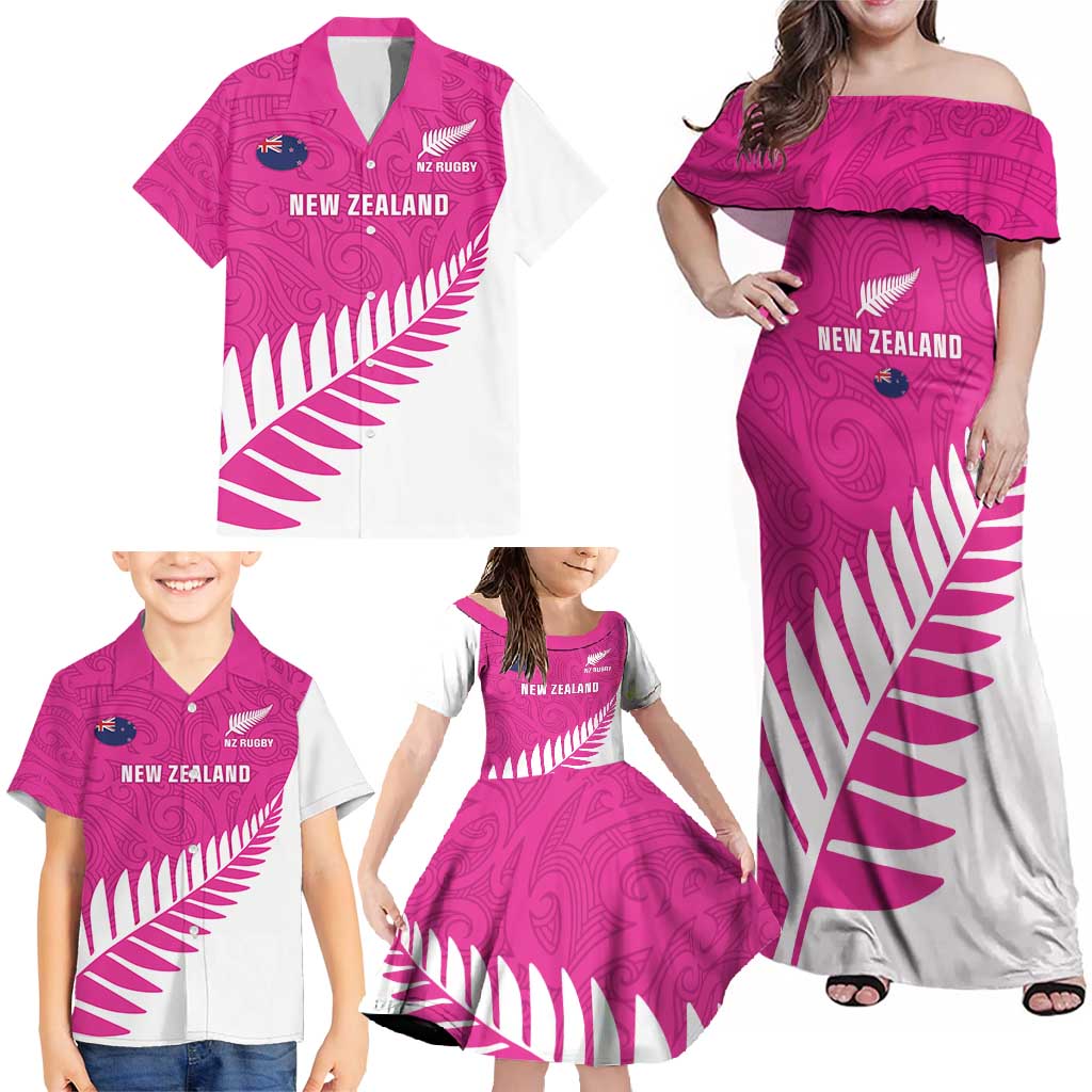 New Zealand Silver Fern Rugby Custom Family Matching Off Shoulder Maxi Dress and Hawaiian Shirt Go All Black Maori Pink Version