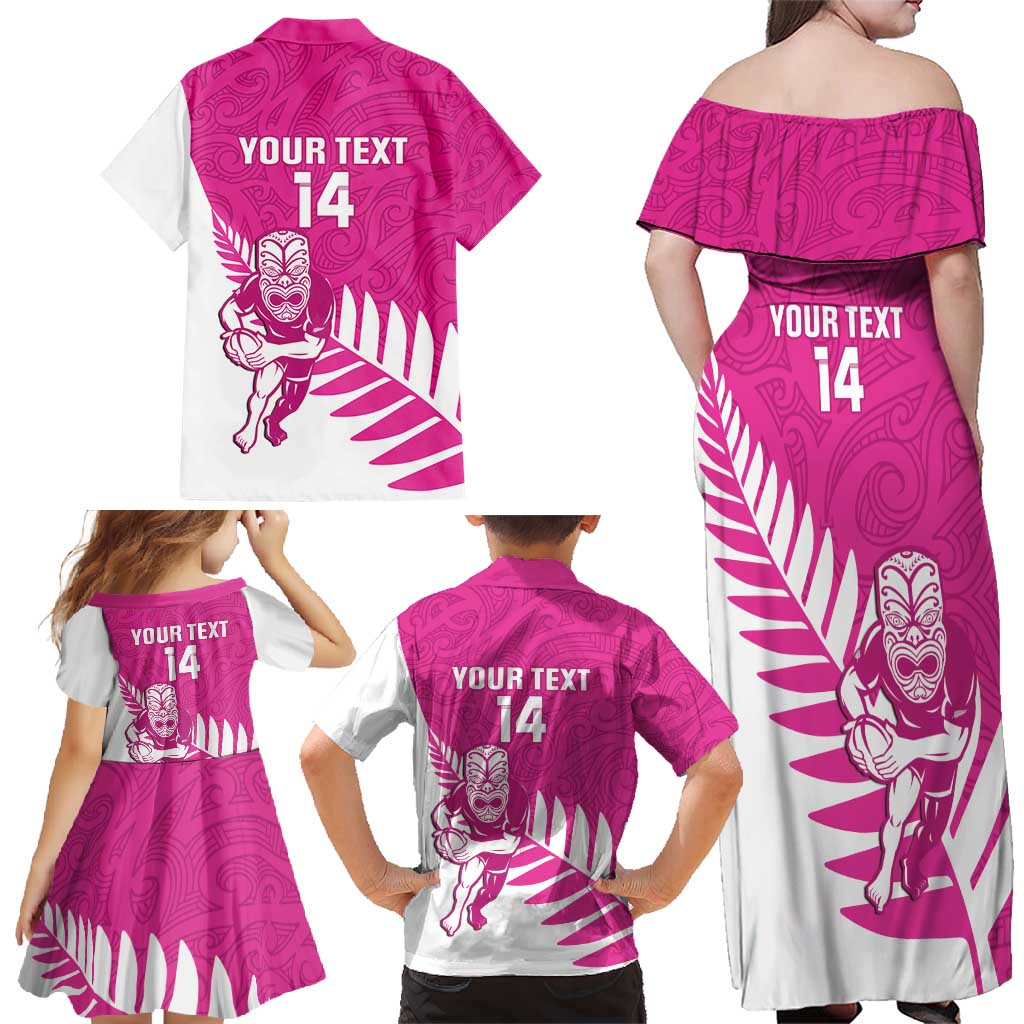 New Zealand Silver Fern Rugby Custom Family Matching Off Shoulder Maxi Dress and Hawaiian Shirt Go All Black Maori Pink Version