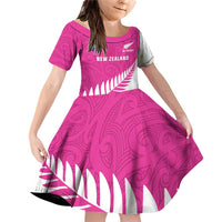 New Zealand Silver Fern Rugby Custom Family Matching Off Shoulder Short Dress and Hawaiian Shirt Go All Black Maori Pink Version