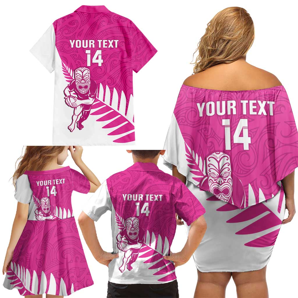 New Zealand Silver Fern Rugby Custom Family Matching Off Shoulder Short Dress and Hawaiian Shirt Go All Black Maori Pink Version