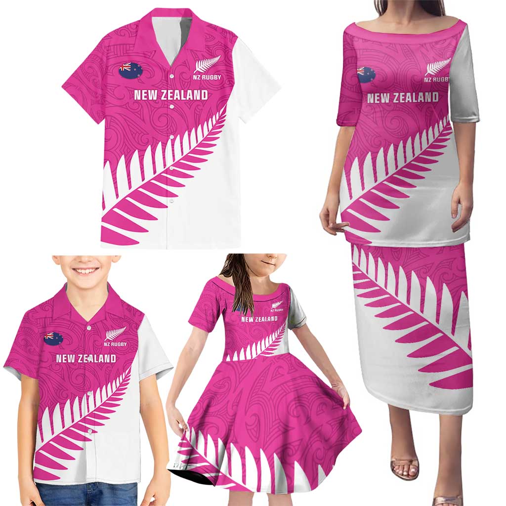 New Zealand Silver Fern Rugby Custom Family Matching Puletasi and Hawaiian Shirt Go All Black Maori Pink Version LT14 - Polynesian Pride