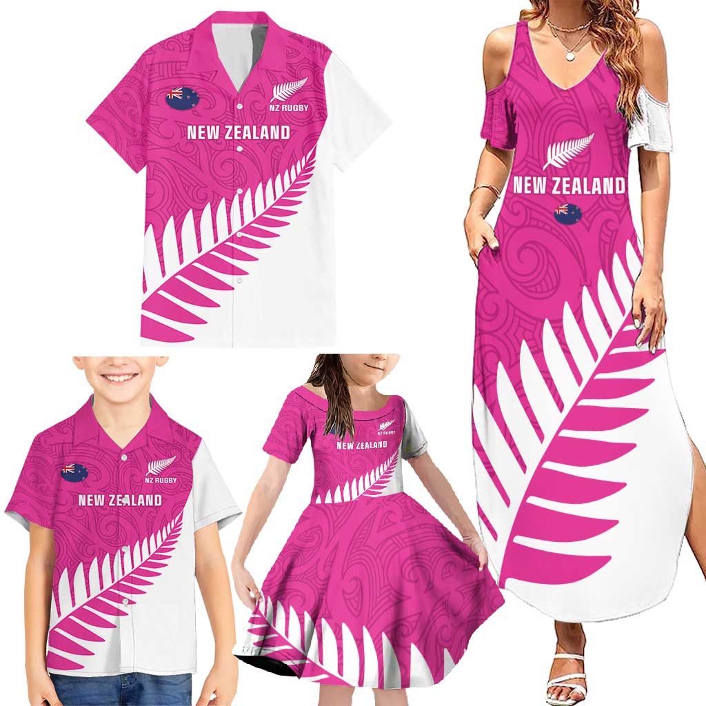 New Zealand Silver Fern Rugby Custom Family Matching Summer Maxi Dress and Hawaiian Shirt Go All Black Maori Pink Version