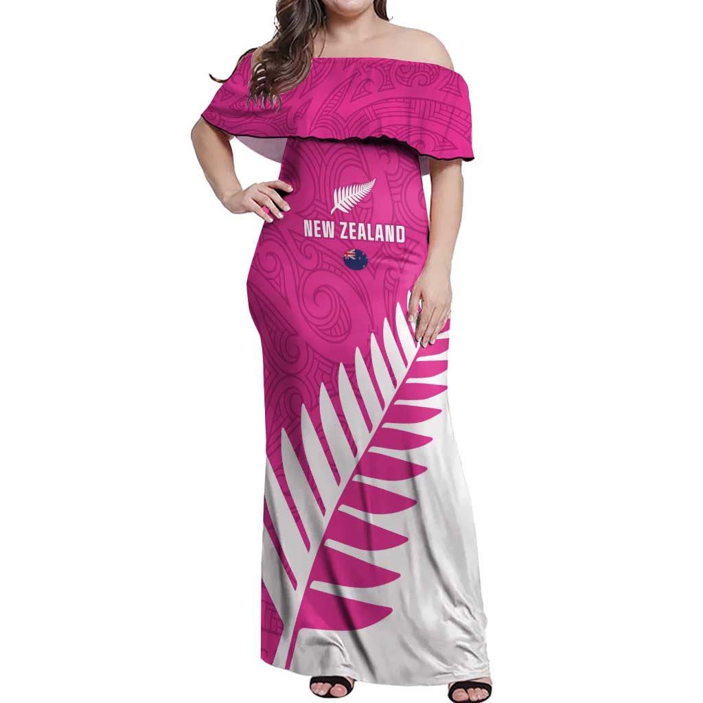 New Zealand Silver Fern Rugby Custom Off Shoulder Maxi Dress Go All Black Maori Pink Version