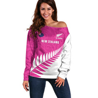New Zealand Silver Fern Rugby Custom Off Shoulder Sweater Go All Black Maori Pink Version