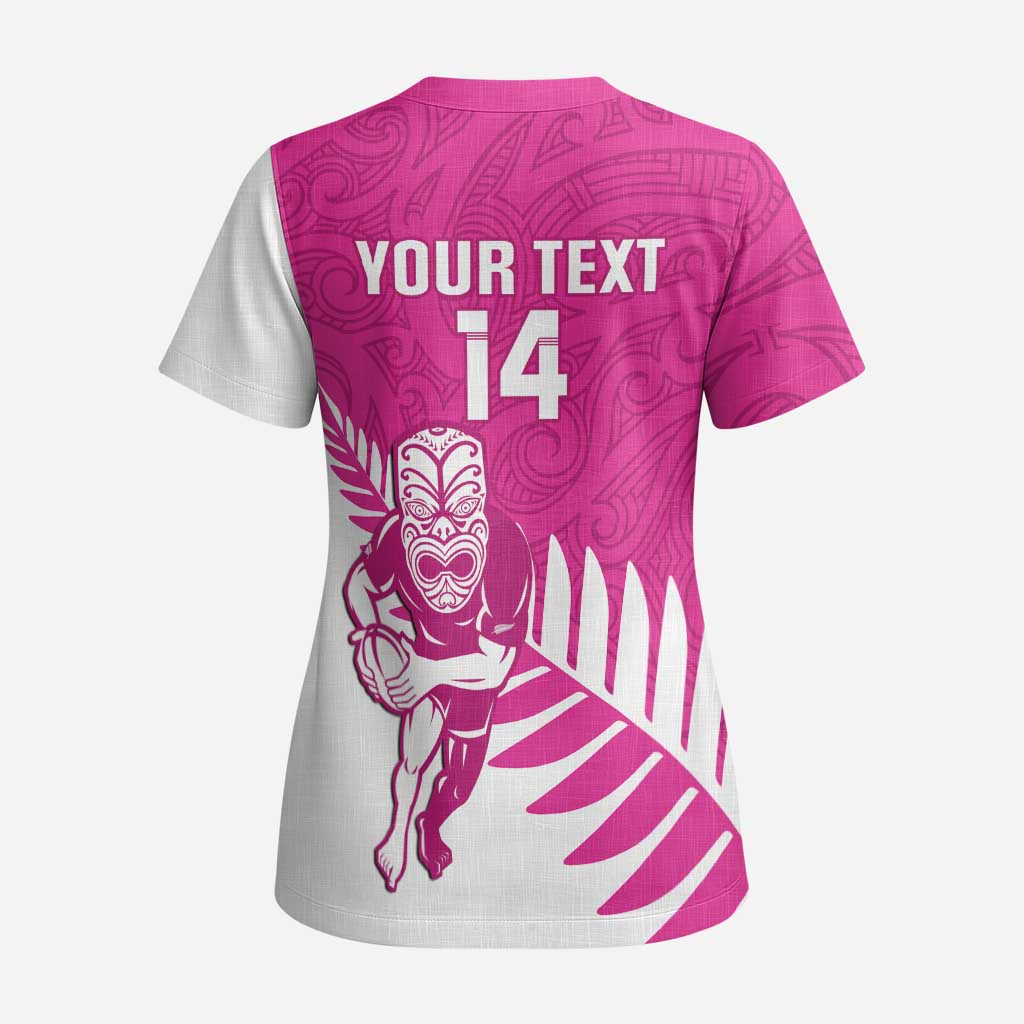 New Zealand Silver Fern Rugby Custom Scrub Top Go All Black Maori Pink Version - Polynesian Pride