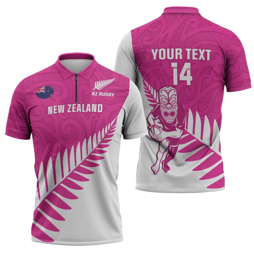 New Zealand Silver Fern Rugby Custom Zipper Polo Shirt Go All Black Maori Pink Version - Polynesian Pride