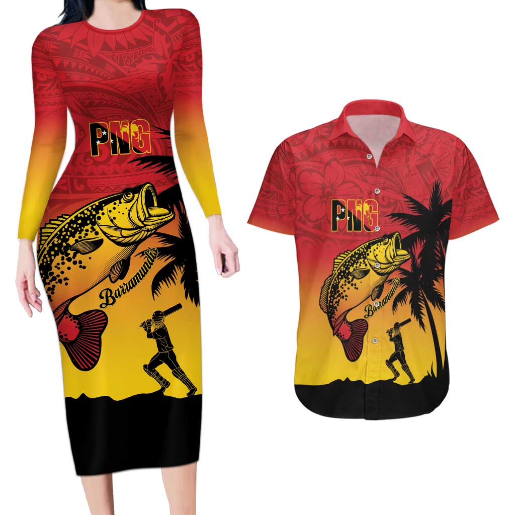 Custom Papua New Guinea Cricket Couples Matching Long Sleeve Bodycon Dress and Hawaiian Shirt PNG Barramundis - Polynesian Pride