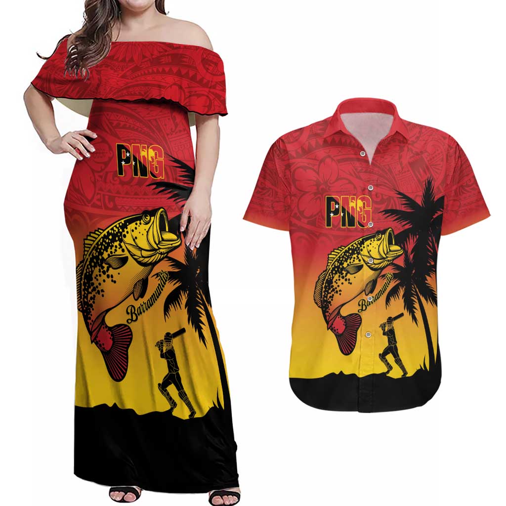 Custom Papua New Guinea Cricket Couples Matching Off Shoulder Maxi Dress and Hawaiian Shirt PNG Barramundis - Polynesian Pride