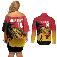 Custom Papua New Guinea Cricket Couples Matching Off Shoulder Short Dress and Long Sleeve Button Shirt PNG Barramundis - Polynesian Pride