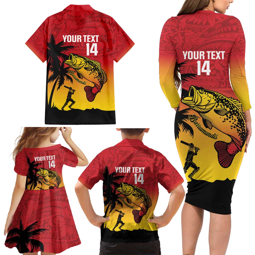 Custom Papua New Guinea Cricket Family Matching Long Sleeve Bodycon Dress and Hawaiian Shirt PNG Barramundis - Polynesian Pride