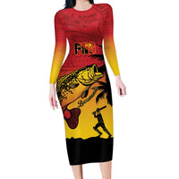 Custom Papua New Guinea Cricket Family Matching Long Sleeve Bodycon Dress and Hawaiian Shirt PNG Barramundis - Polynesian Pride