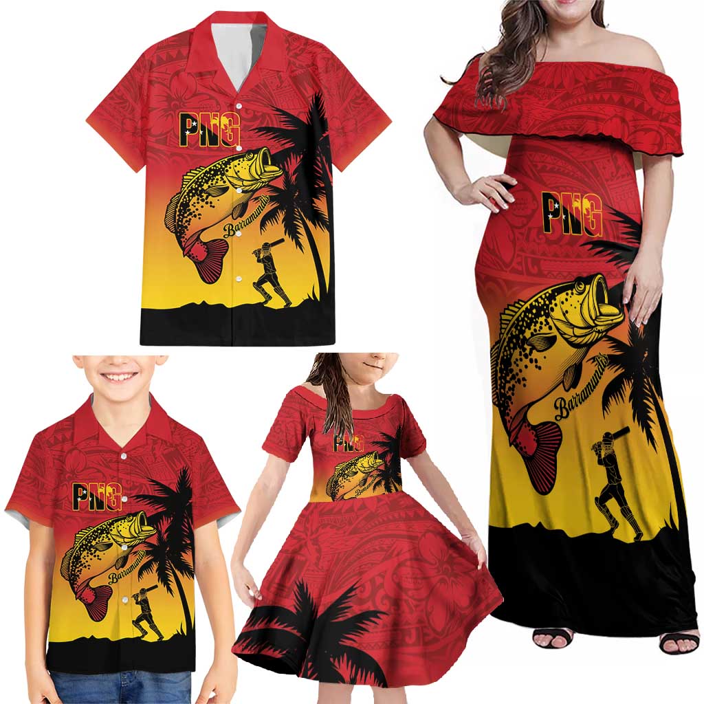 Custom Papua New Guinea Cricket Family Matching Off Shoulder Maxi Dress and Hawaiian Shirt PNG Barramundis - Polynesian Pride