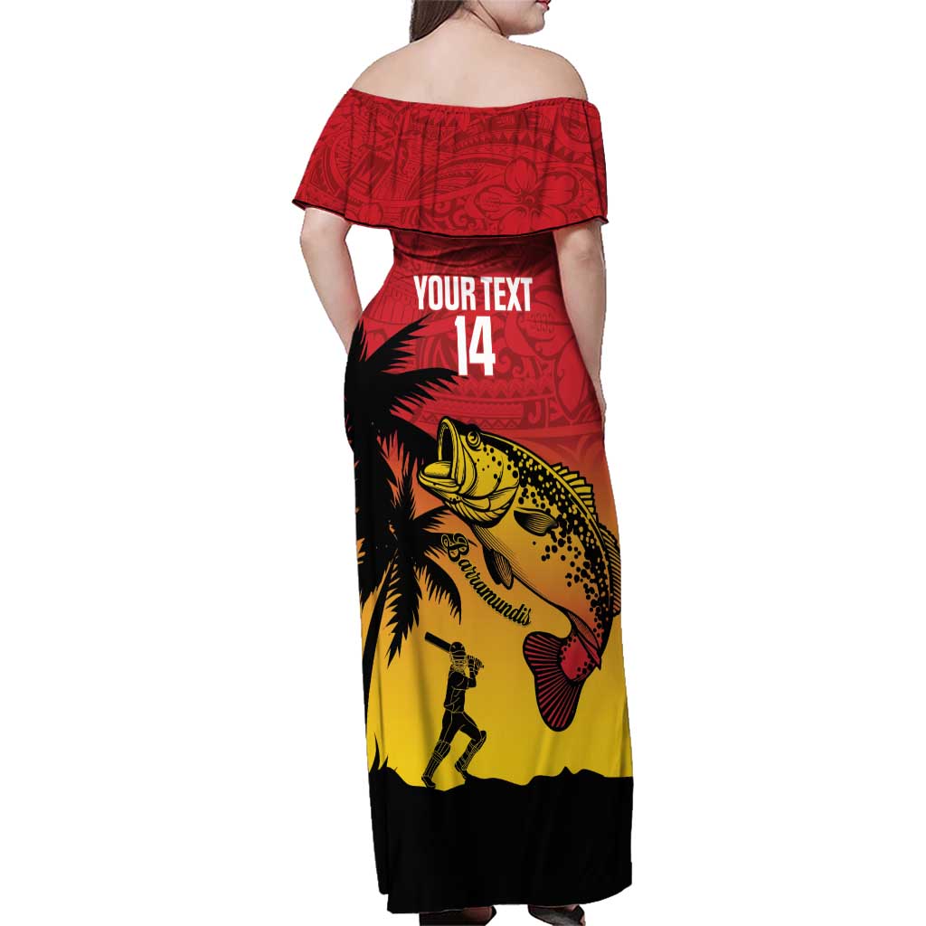 Custom Papua New Guinea Cricket Family Matching Off Shoulder Maxi Dress and Hawaiian Shirt PNG Barramundis - Polynesian Pride