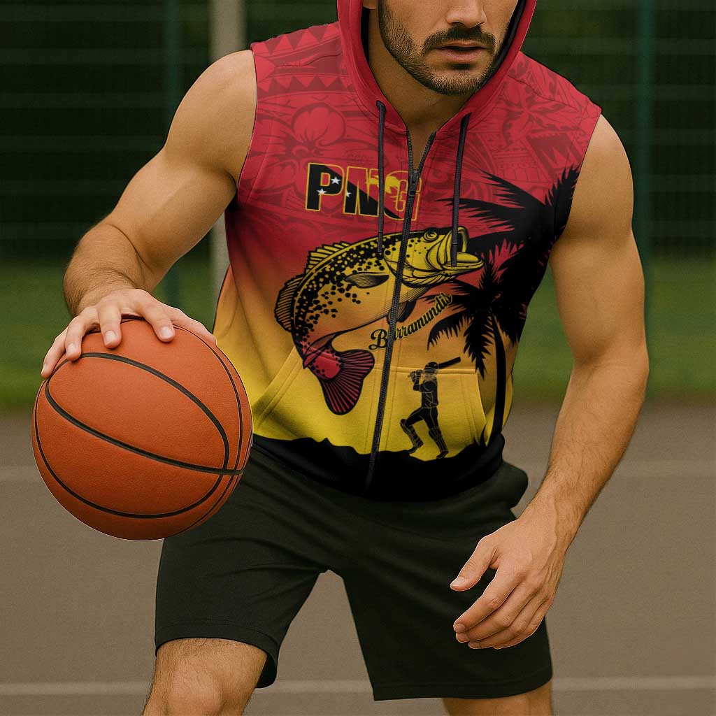 Custom Papua New Guinea Cricket Sleeveless Zip Hoodie PNG Barramundis - Polynesian Pride