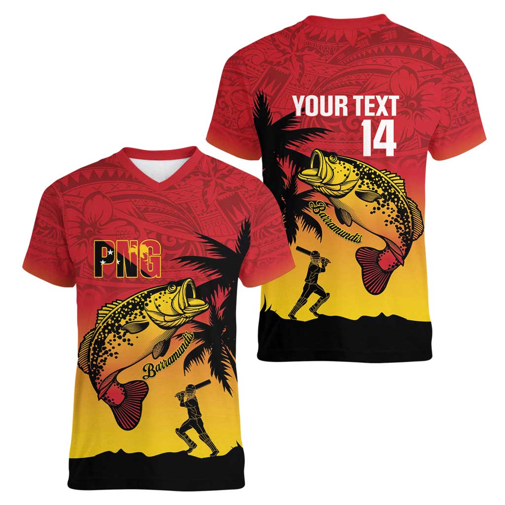 Custom Papua New Guinea Cricket Women V-Neck T-Shirt PNG Barramundis - Polynesian Pride