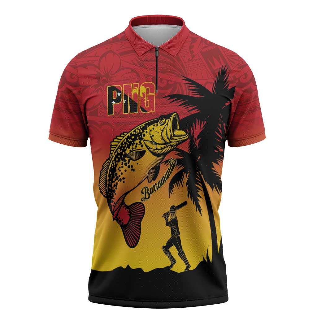 Custom Papua New Guinea Cricket Zipper Polo Shirt PNG Barramundis - Polynesian Pride