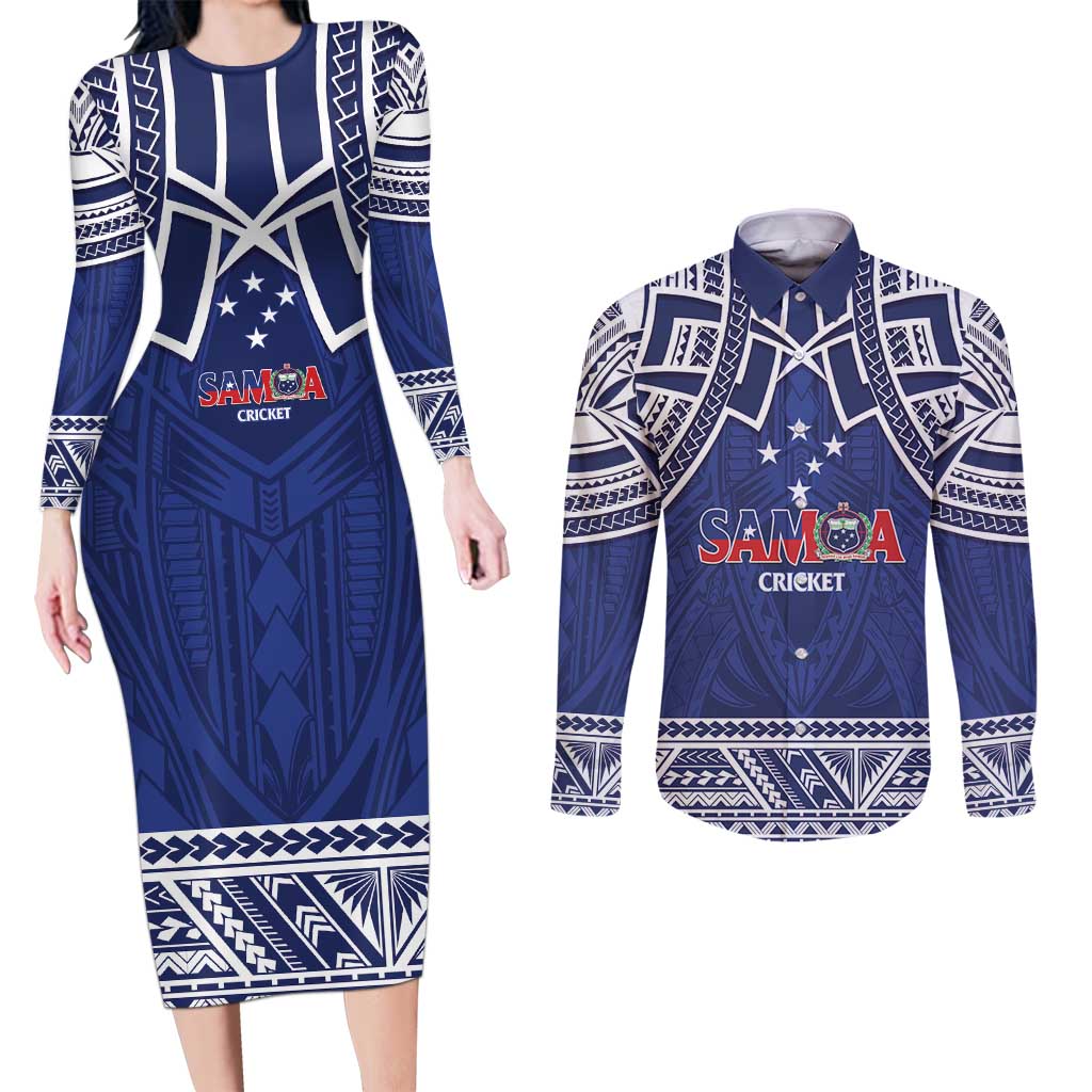 Custom Samoa Cricket Couples Matching Long Sleeve Bodycon Dress and Long Sleeve Button Shirt Go Champions Samoan - Polynesian Pride