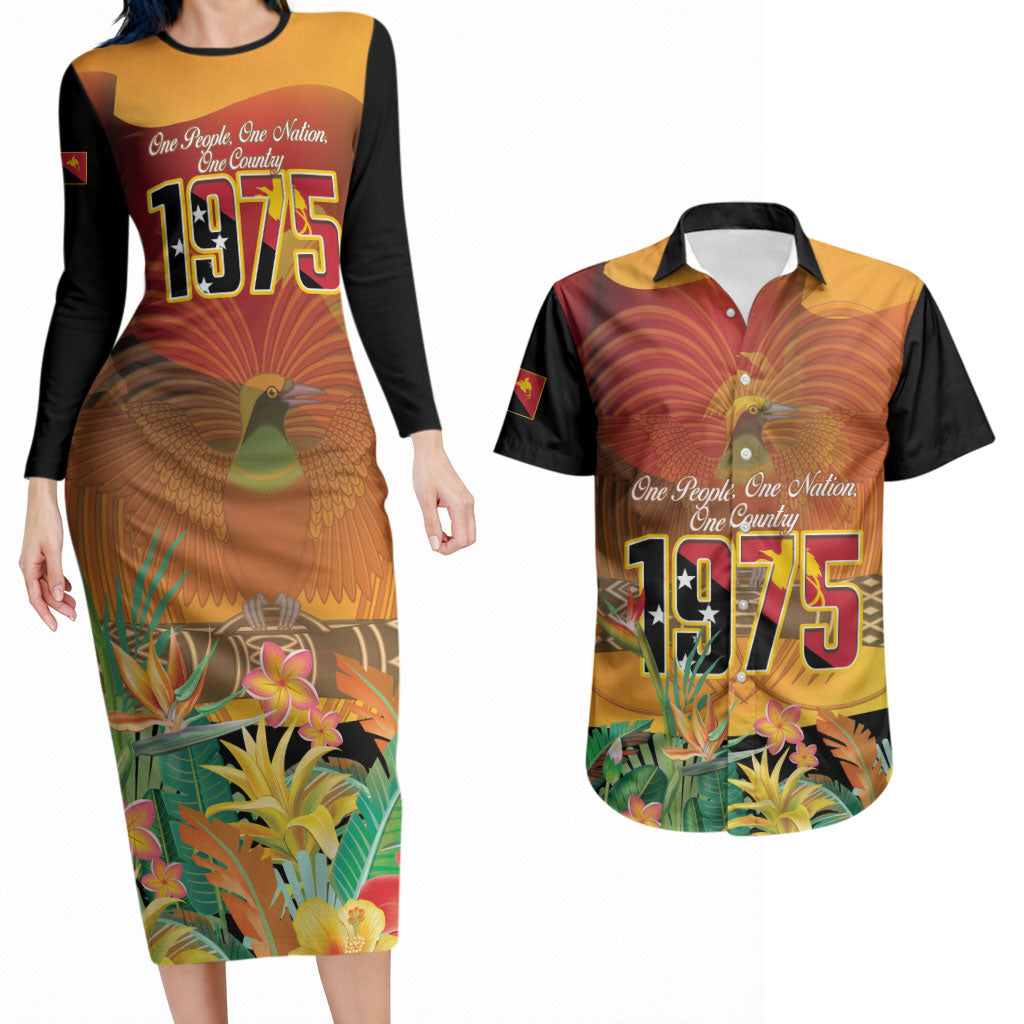 Personalised Papua New Guinea Independence Day Couples Matching Long Sleeve Bodycon Dress and Hawaiian Shirt One People One Nation One Country