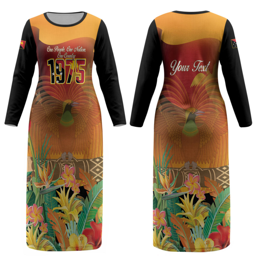 Personalised Papua New Guinea Independence Day Couples Matching Long Sleeve Bodycon Dress and Hawaiian Shirt One People One Nation One Country