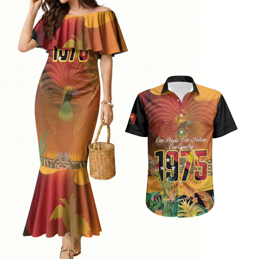 Personalised Papua New Guinea Independence Day Couples Matching Mermaid Dress and Hawaiian Shirt One People One Nation One Country