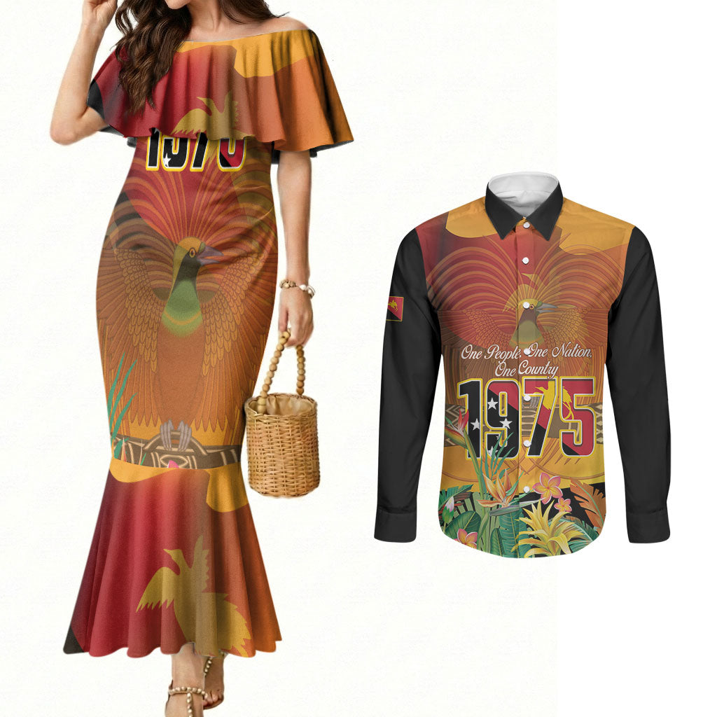 Personalised Papua New Guinea Independence Day Couples Matching Mermaid Dress and Long Sleeve Button Shirt One People One Nation One Country