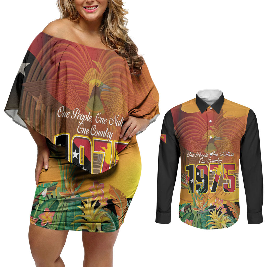 Personalised Papua New Guinea Independence Day Couples Matching Off Shoulder Short Dress and Long Sleeve Button Shirt One People One Nation One Country LT14 Multicolor - Polynesian Pride