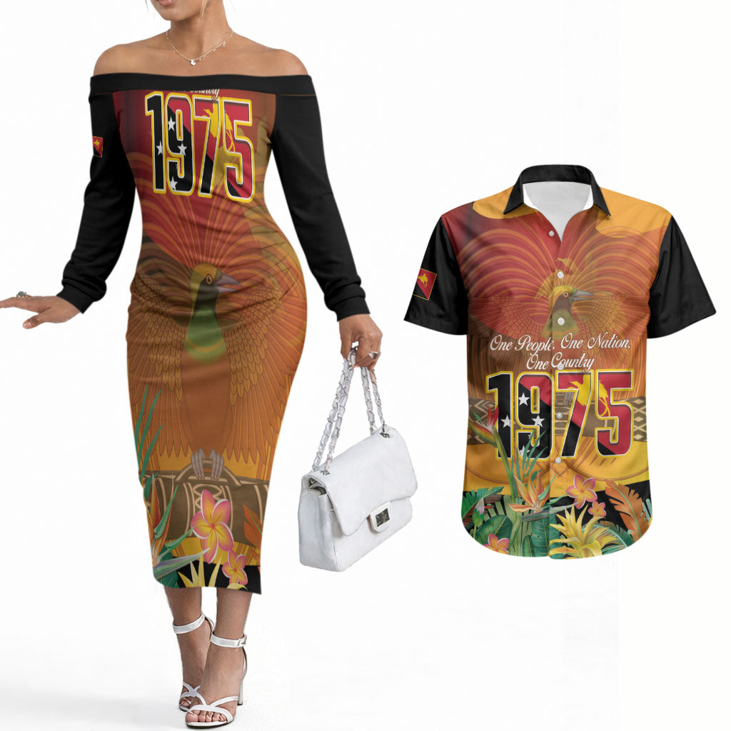 Personalised Papua New Guinea Independence Day Couples Matching Off The Shoulder Long Sleeve Dress and Hawaiian Shirt One People One Nation One Country