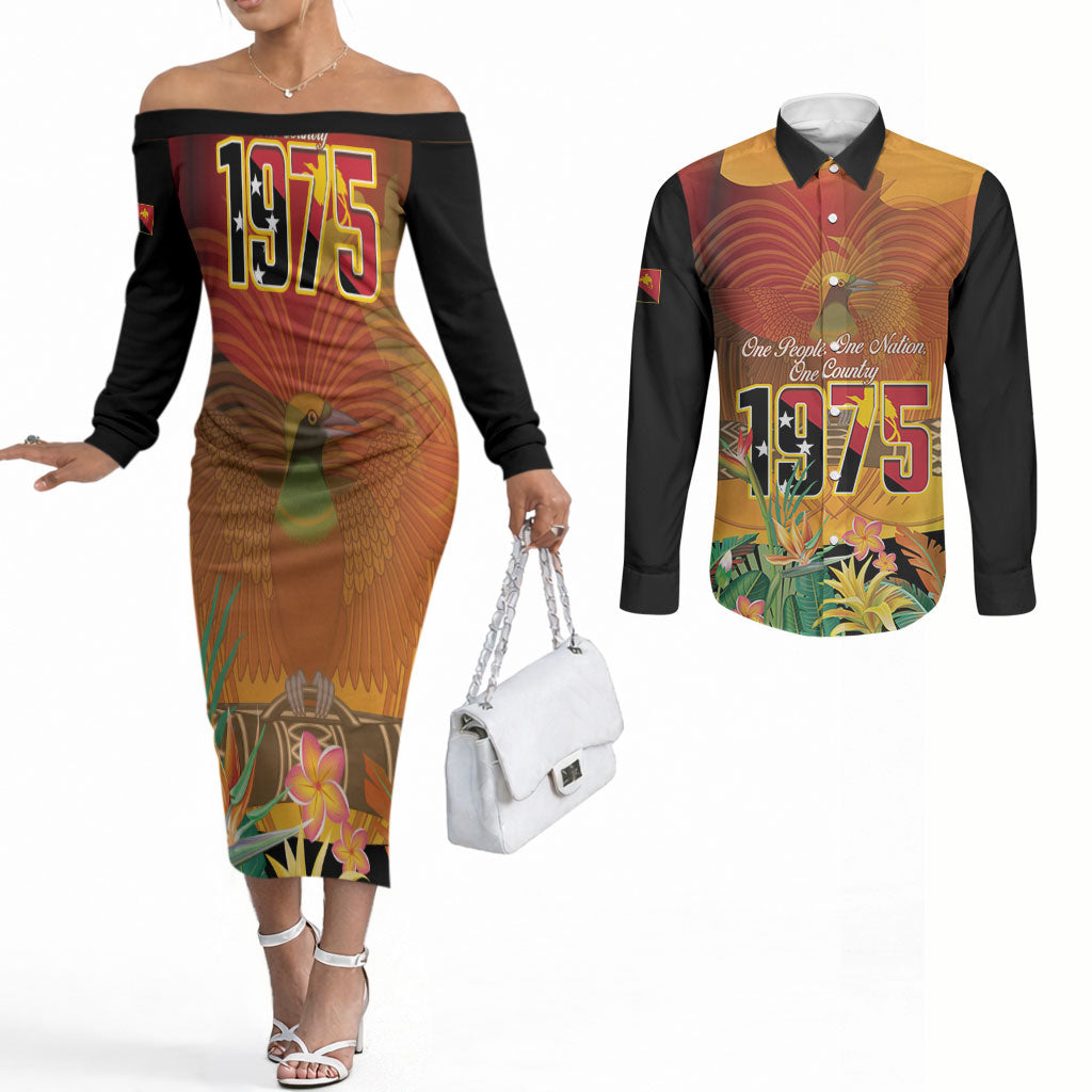 Personalised Papua New Guinea Independence Day Couples Matching Off The Shoulder Long Sleeve Dress and Long Sleeve Button Shirt One People One Nation One Country