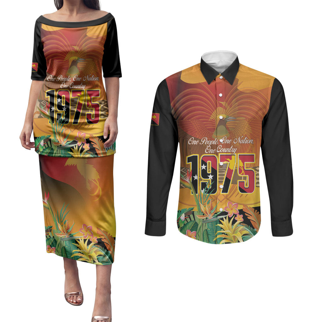 Personalised Papua New Guinea Independence Day Couples Matching Puletasi and Long Sleeve Button Shirt One People One Nation One Country