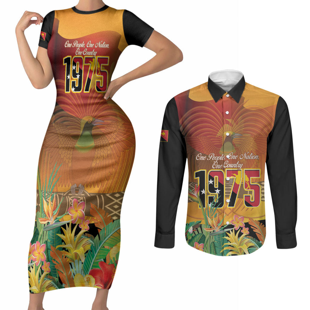 Personalised Papua New Guinea Independence Day Couples Matching Short Sleeve Bodycon Dress and Long Sleeve Button Shirt One People One Nation One Country