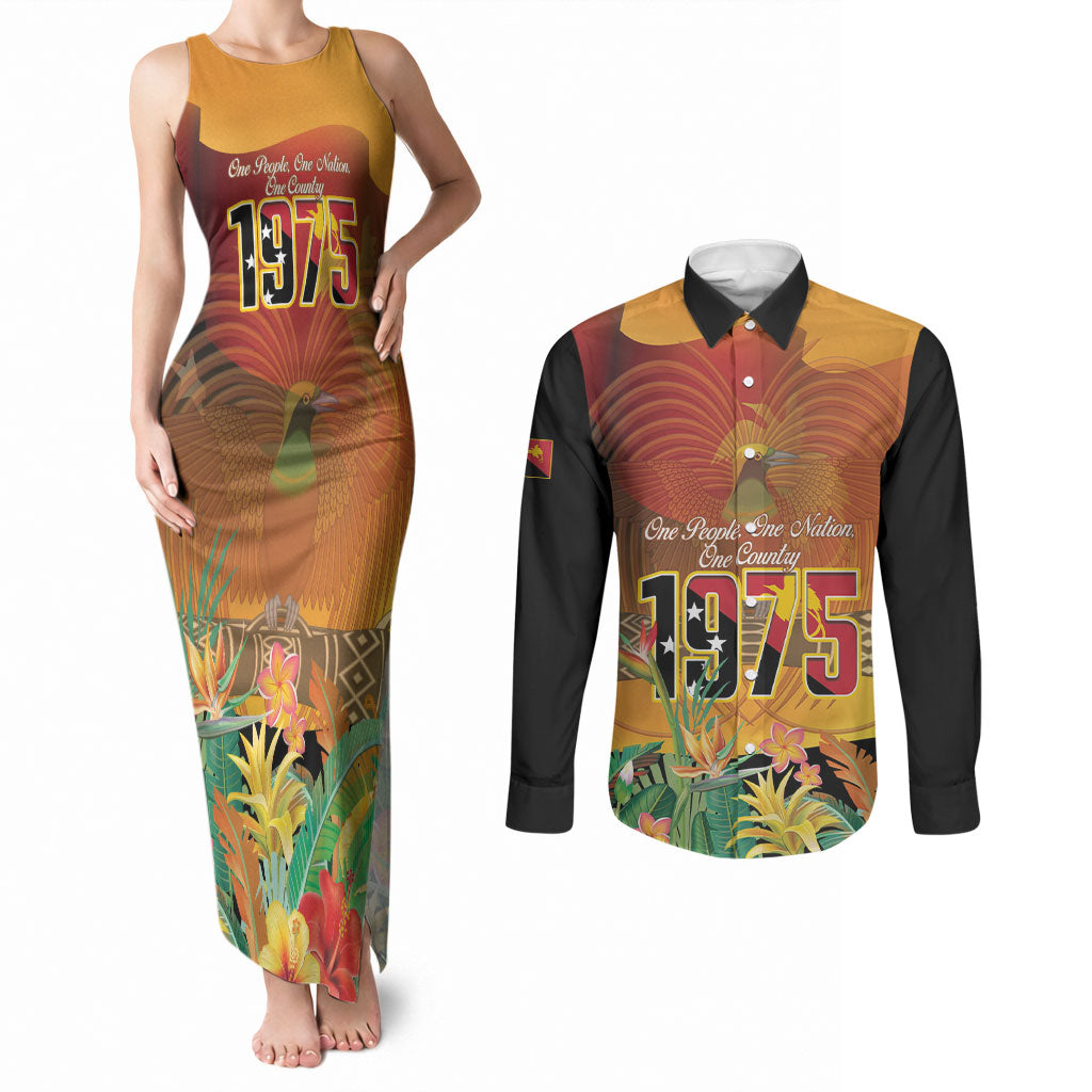 Personalised Papua New Guinea Independence Day Couples Matching Tank Maxi Dress and Long Sleeve Button Shirt One People One Nation One Country