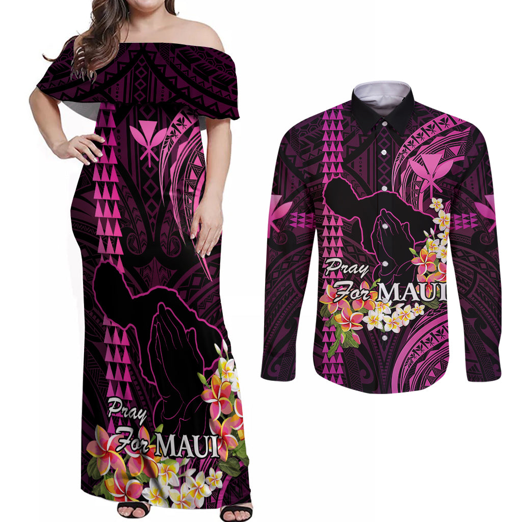 Hawaii Couples Matching Off Shoulder Maxi Dress and Long Sleeve Button Shirts Pray For Maui Hawaiian Plumeria Be Strong Pink Verison LT14 Pink - Polynesian Pride